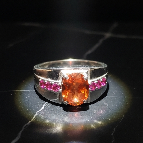 Men's Salmon Quartz & Ruby CZ Stainless Steel Ring - Picture 1 of 14